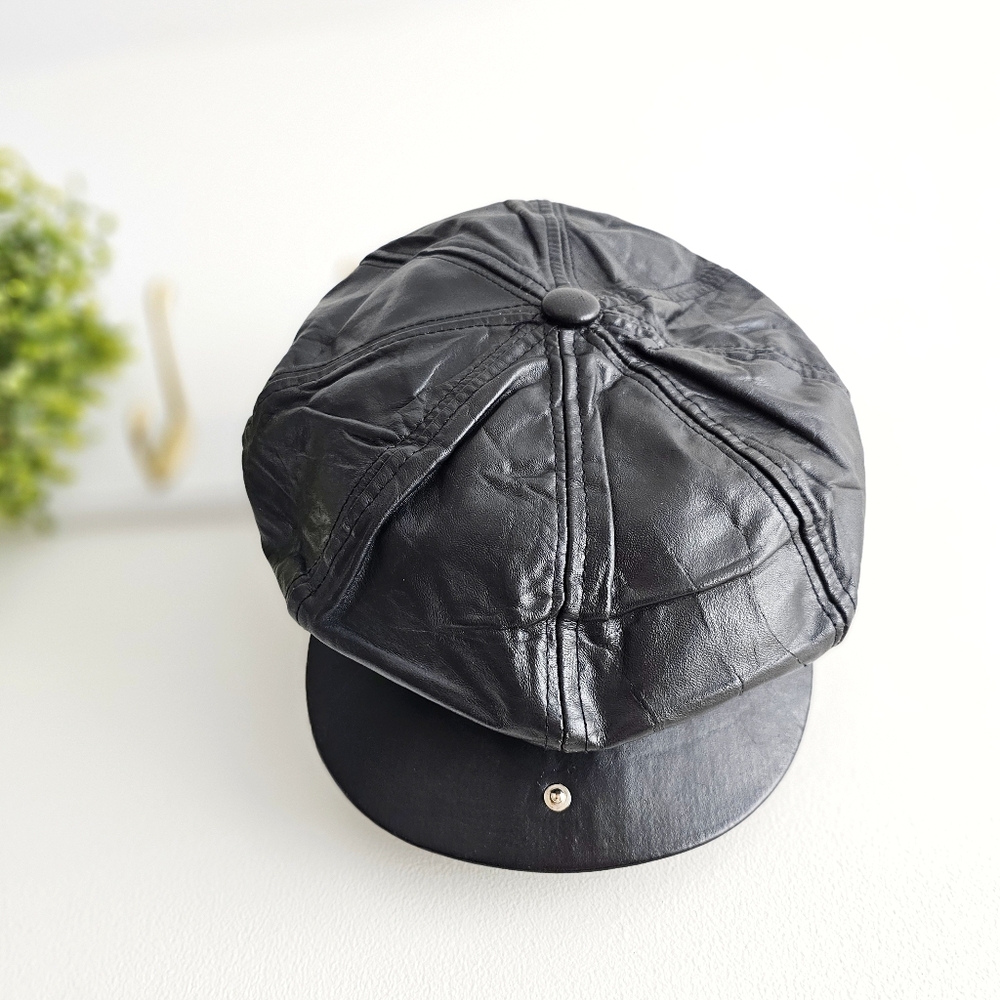 Black Leather Newsboy Cap - Picture 5 of 17